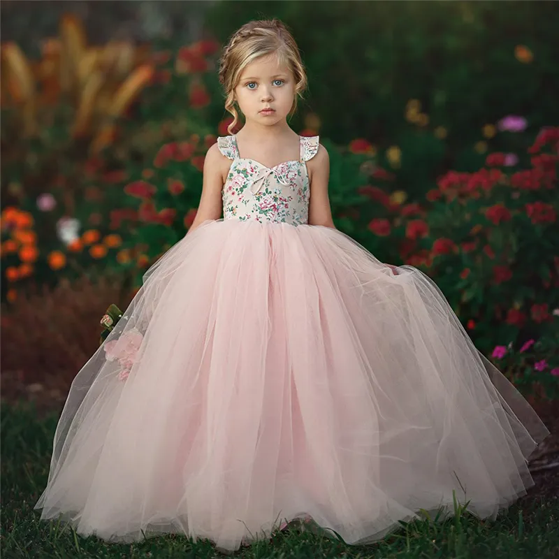 Bambini ragazze fiore rosa Tutu abiti da battesimo abito in pizzo parata festa di nozze bambini ragazze vestito da ballo dolce abbigliamento costume floreale