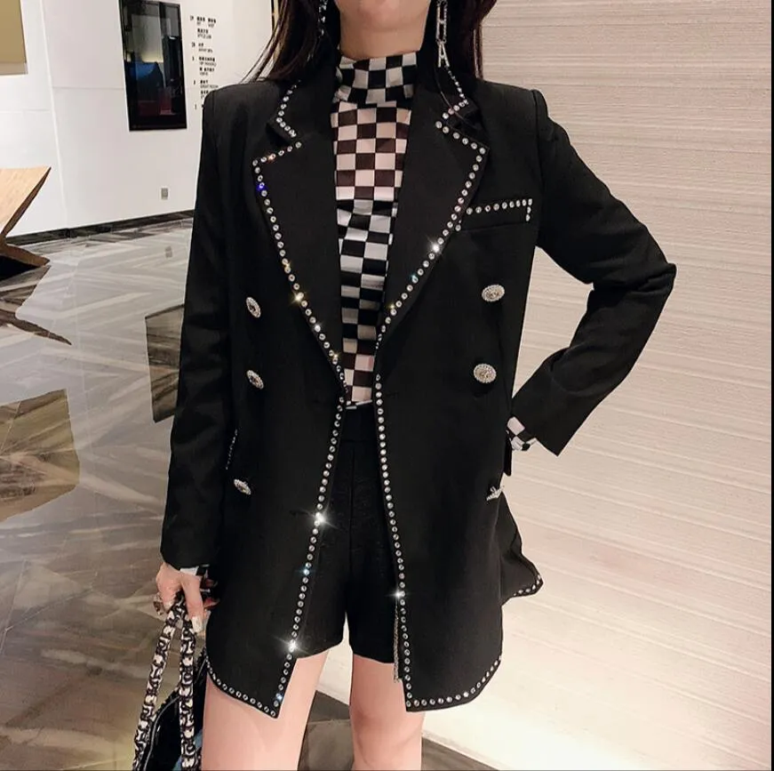 Fashion-2019 New Heavy Luxury Rhinestone Black Suit Blazer Women Autumn Outerwear Medium Long Diamond Suit Jacket Coat Female