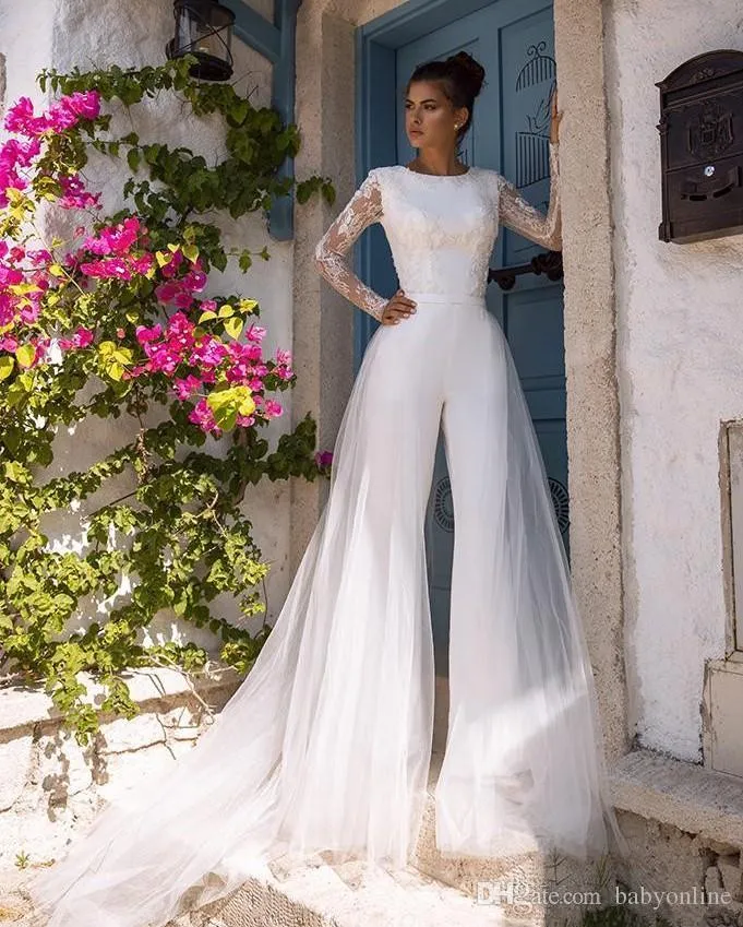 Boho Beach Wedding Dress Modest Long Sleeve Jumpsuit With