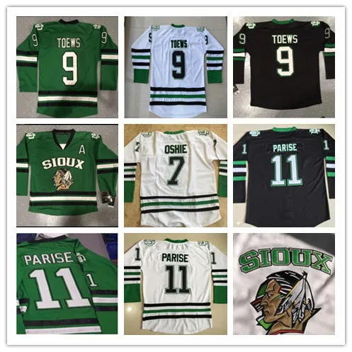 Винтажные хоккейные майки North Dakota Fighting Sioux 9 Jonathan Toews 11 Zach Parise 7 TJ Oshie University NCAA Сшитые трикотажные изделия с вышивкой