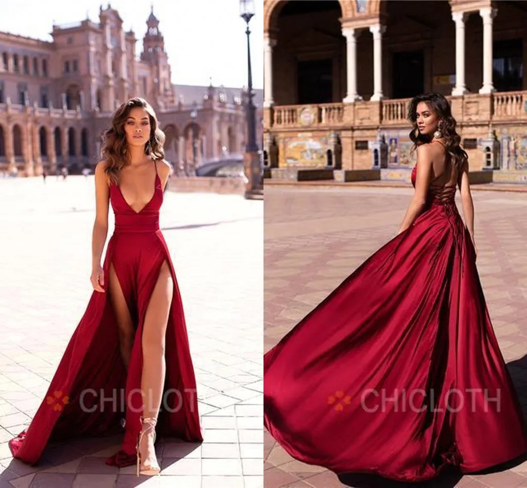 Red High Dark Late Split Prom Halter Halter Discurt Sexy Backless Length Denght Festy Festy Use Lace Up Back Eveing Vestidos 0505