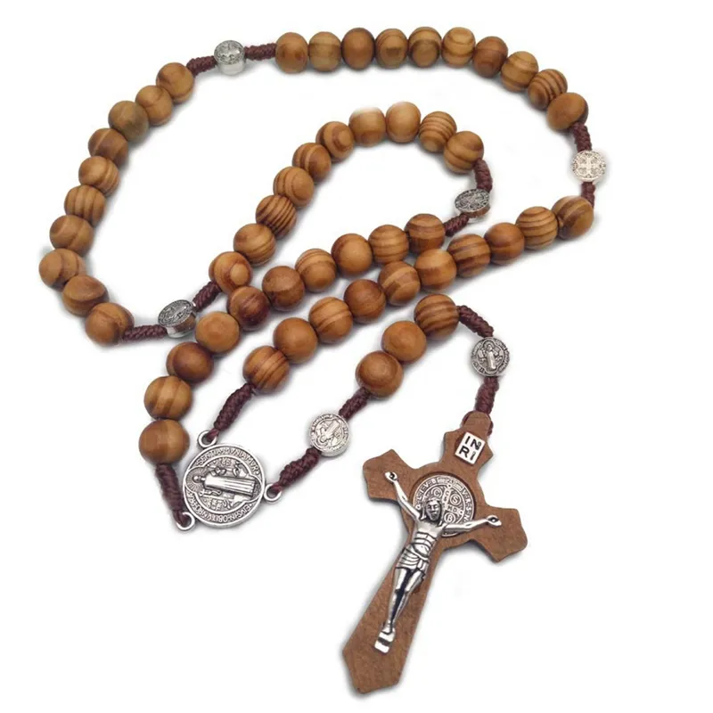 Men Women Christ Wooden Beads 10mm Rosary Bead Cross Pendant Woven Rope Chain Necklace Jewelry Accessories