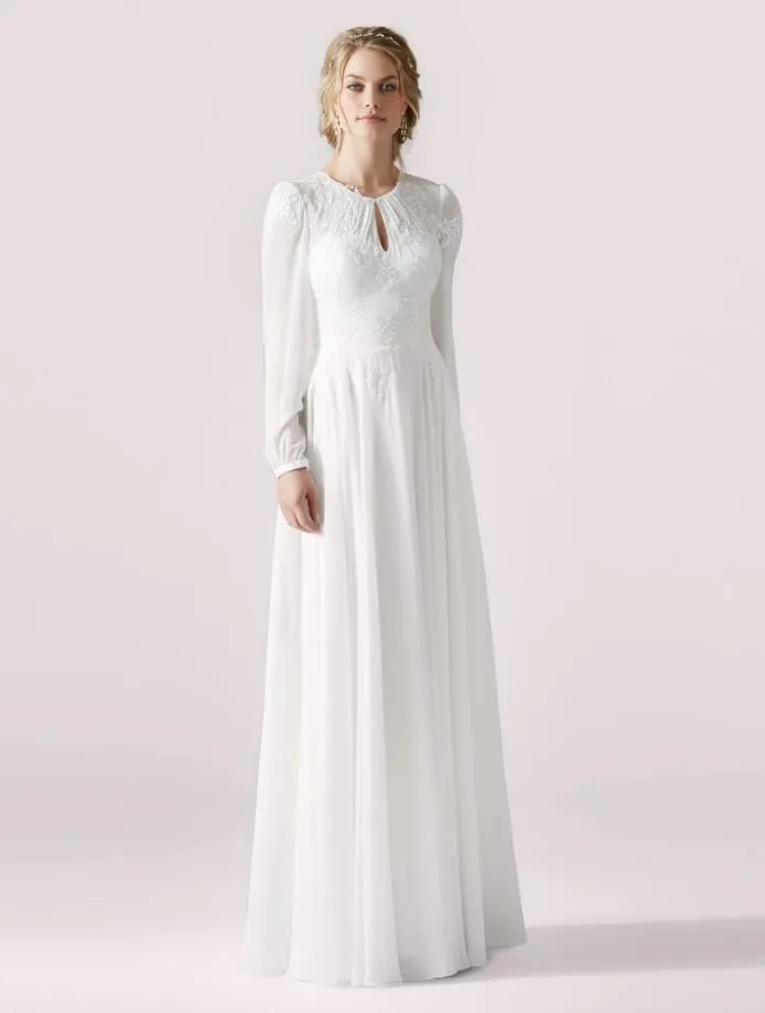 Vintage A-Line Chiffon Boho Wedding Dresses With Long Sleeves Round Neck Floor Length Lace Appliques Modest Beach Bridal Gowns