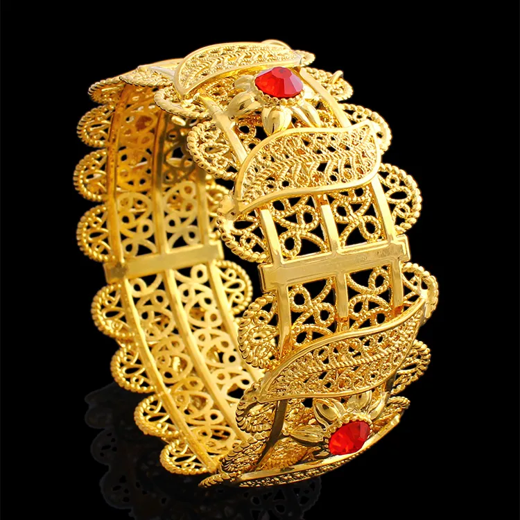70mm African Copper Wide Bangle Big Bracelet Real Fine Gold GF HIP Women Ethiopia Red CZ Dubai Brand Jewelry Accessories352E