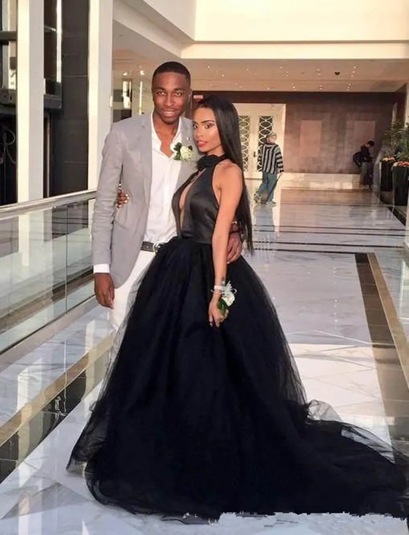 Custom made Black Halter black tulle prom dress with Backless Design Keyhole Front and Floor Length Hemline for Pageants and Special Occasions