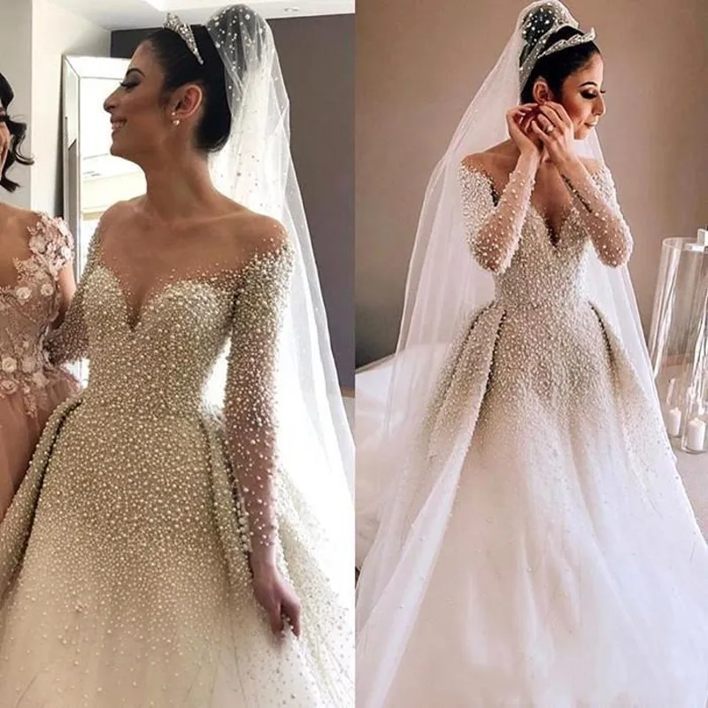 Arabic Sheer Long Sleeves Tulle A Line Wedding Dresses 2022 Beaded Pearls Ruched Court Train Wedding Bridal Gowns BC1543