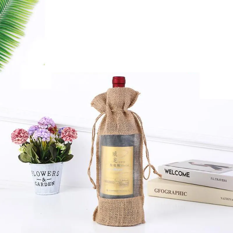 Natural Jute Burlap Wine Bottle Bag Window Champagne Packaging Gift Bag For Guest Party Decoration 14x30cm ZC0003