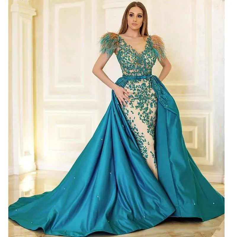 Feather Evening Dresses With Detachable Train Scoop Beaded Sequined Mermaid Celebrity Dresses Satin Arabic Dubai Prom Gowns Custom Made