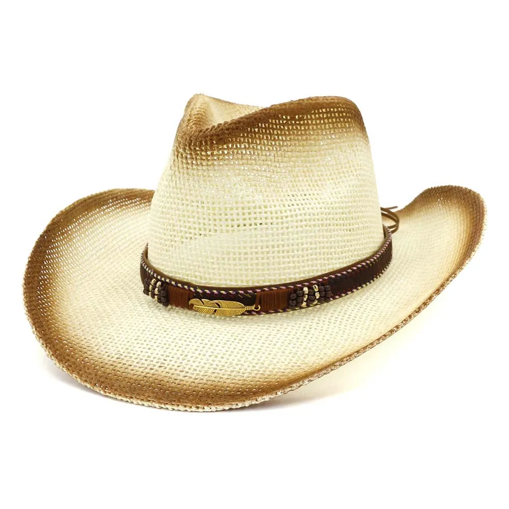 Fashion Unisex Men Women Brown Spray Paint Paper Straw Cowboy Hats 2019 Summer Outdoor Large Brim Sunhat Leather Band Decor