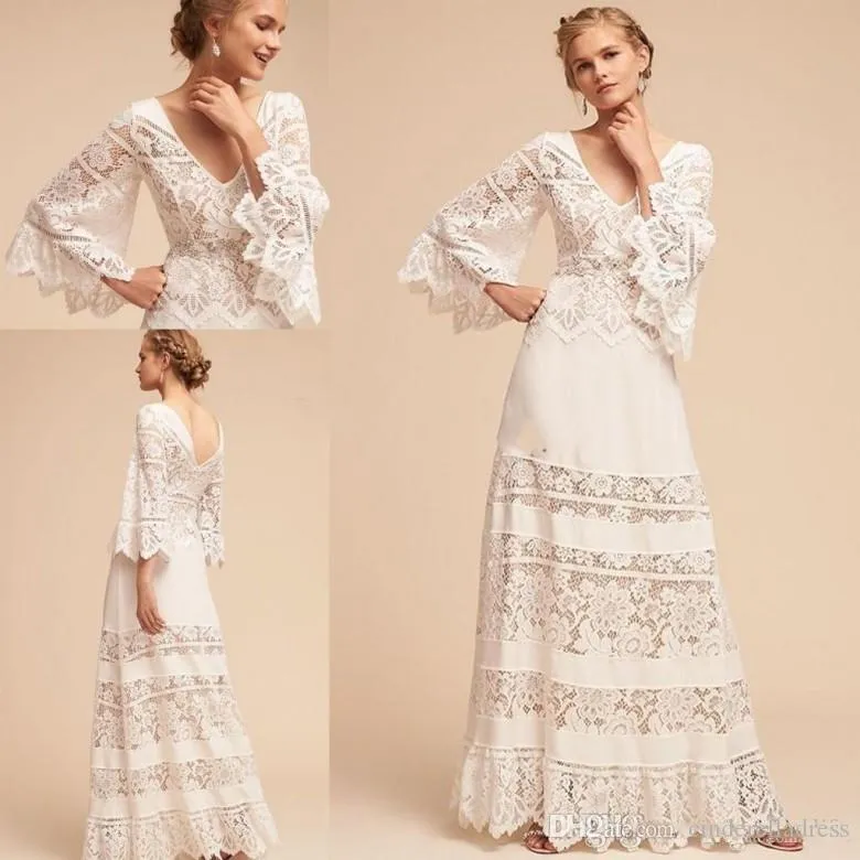 Elegante Witte A-lijn Kanten Trouwjurken 2020 Klok Mouw Grote Maten V-hals BHLDN Volledige Lengte Kant Chiffon Boheems Bruiloft Bruids251Q