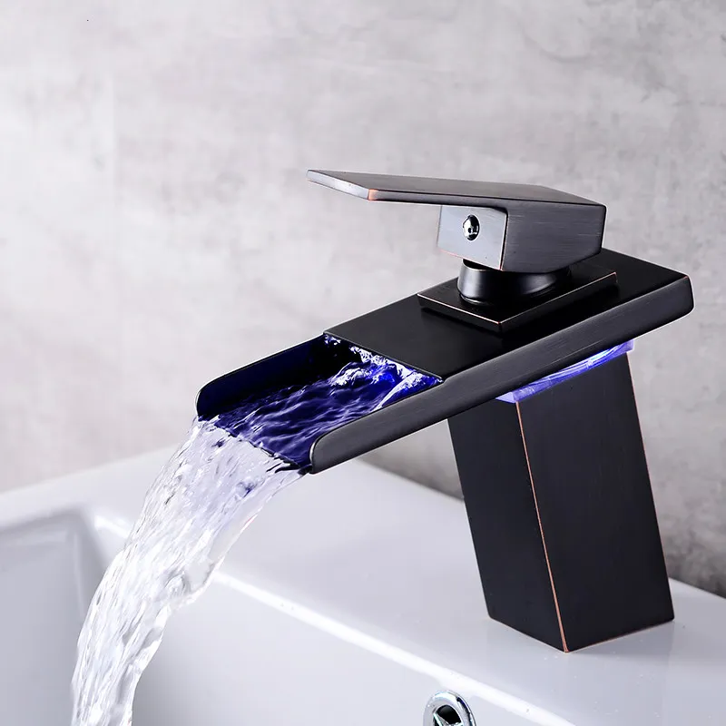 LED Sensor Color Change Bathroom Faucet Black Chrome Basin Mixer Waterfall Spout Cold and Hot Water Single Handle Tap