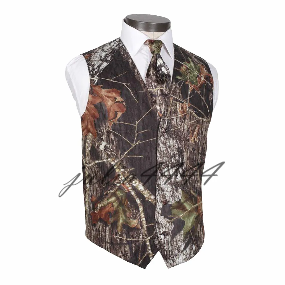 Camo Mens Wedding Vests Outerwear Groom Vest Camouflage Slim Fit Mens Vests(Vest+Tie)