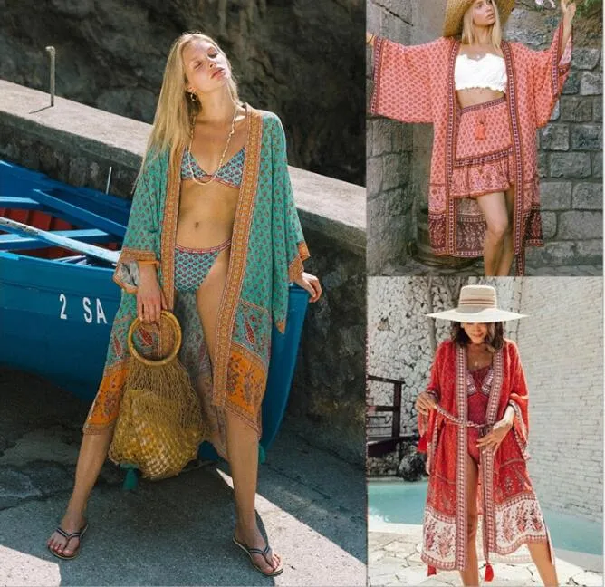 Loose Women lungo scialle Kimono Cardigan Camicette Camicie 2020 Casual Estate Boemia Beach fusciacche top stampa floreale Cover Up Camicetta Beachwear