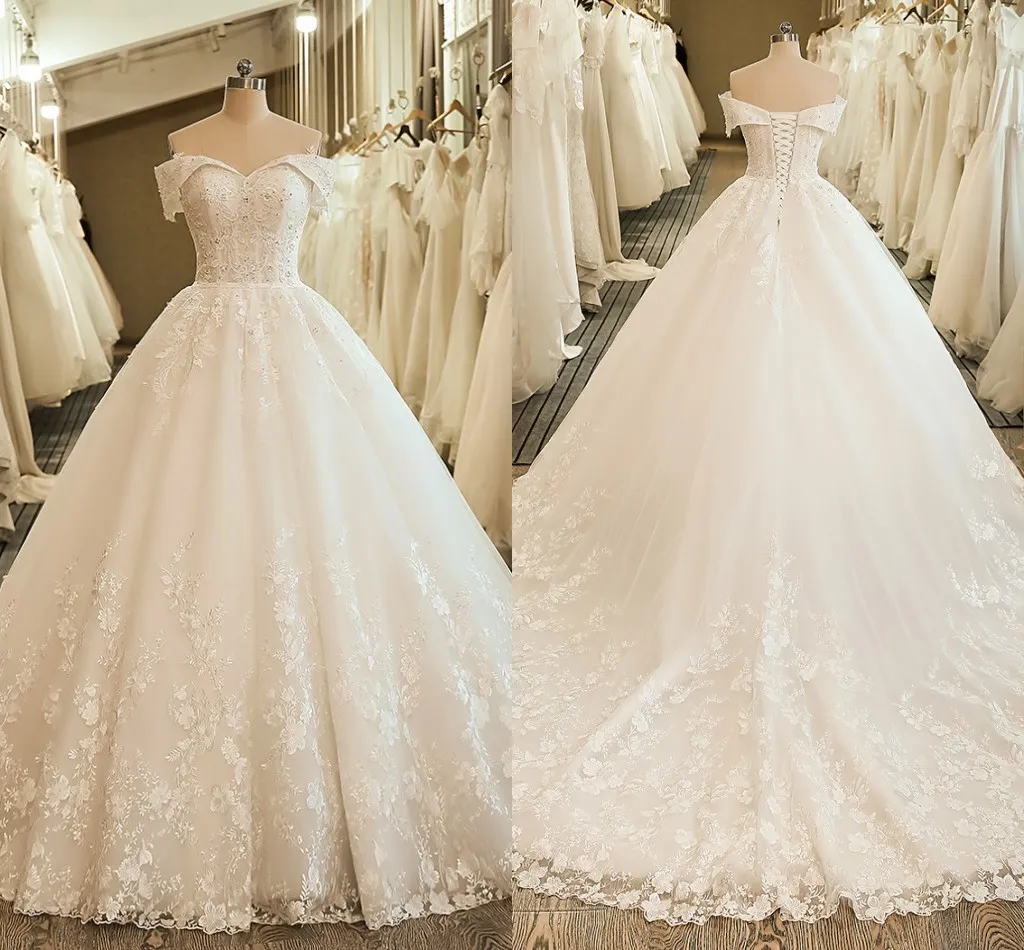 New Arrival Off Shoulder Ball Gown Wedding Dress with Beading Pearls Lace Up Back