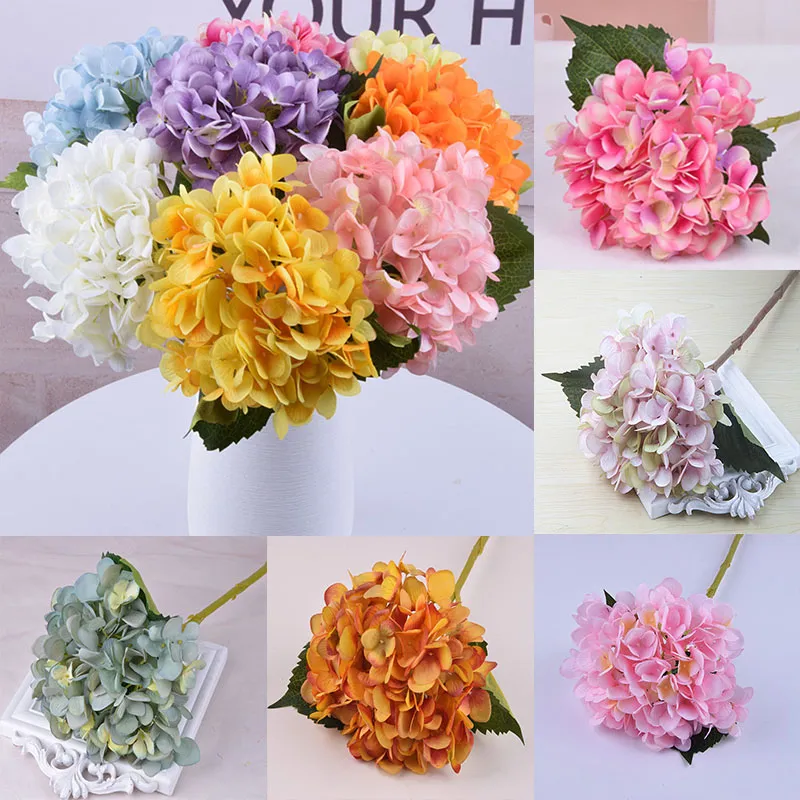 Artificial Flores Hydrangea Cabeça de Flor Falso seda único toque real Hydrangeas Wedding Party Casa Decorações 18 cores XD21376