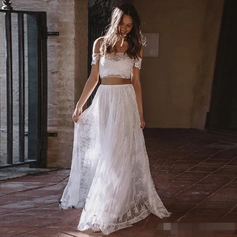 2020 robes de mariée de plage deux pièces manches coiffées en dentelle Appliqued Tulle étage longueur mariage robe de mariée sur mesure robe de novia