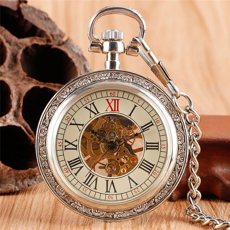 Steampunk rétro boîtier en argent montres hommes femmes remontage à la main mécanique montre de poche squelette montre horloge pendentif FOB chaîne cadeau