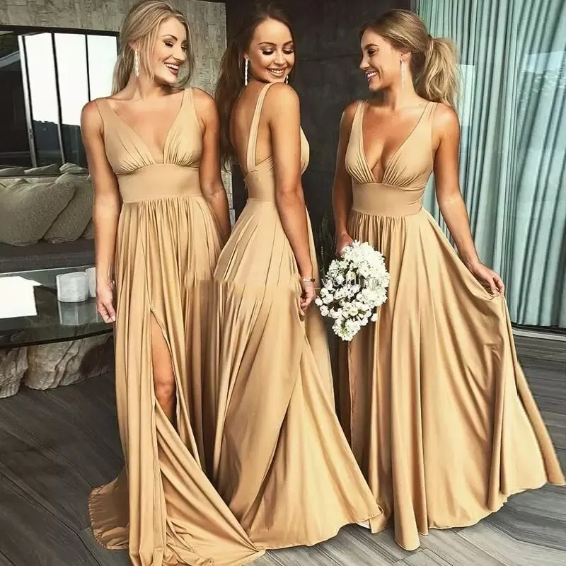 Sexy Gold Beach Bridesmaid Платья V VELE STOP SPLIC Empire Вечерние платья Длина пола Свадьба Гостевое платье