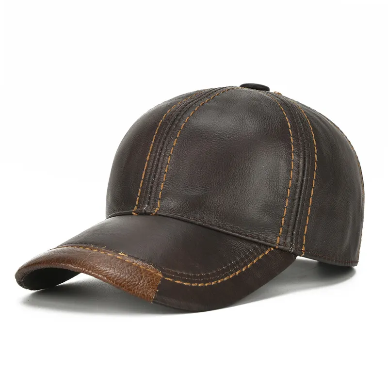 2021 Genuine Cowhide Baseball Caps For Men Autumn Winter Warm Leather Snapback Hat, Retro Male Visor Sun Cap Chapeu to Dad Gift