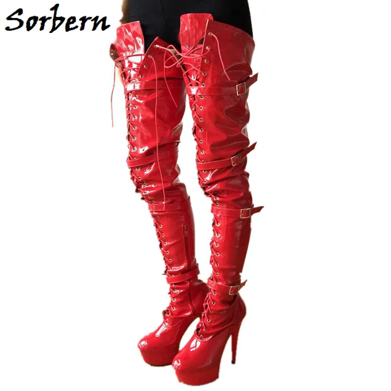 Sorbern الأحمر 80CM المنشعب الفخذ أحذية عالية مع الكعوب مخصص أحذية العجل عريضة للنساء حجم كبير كعب