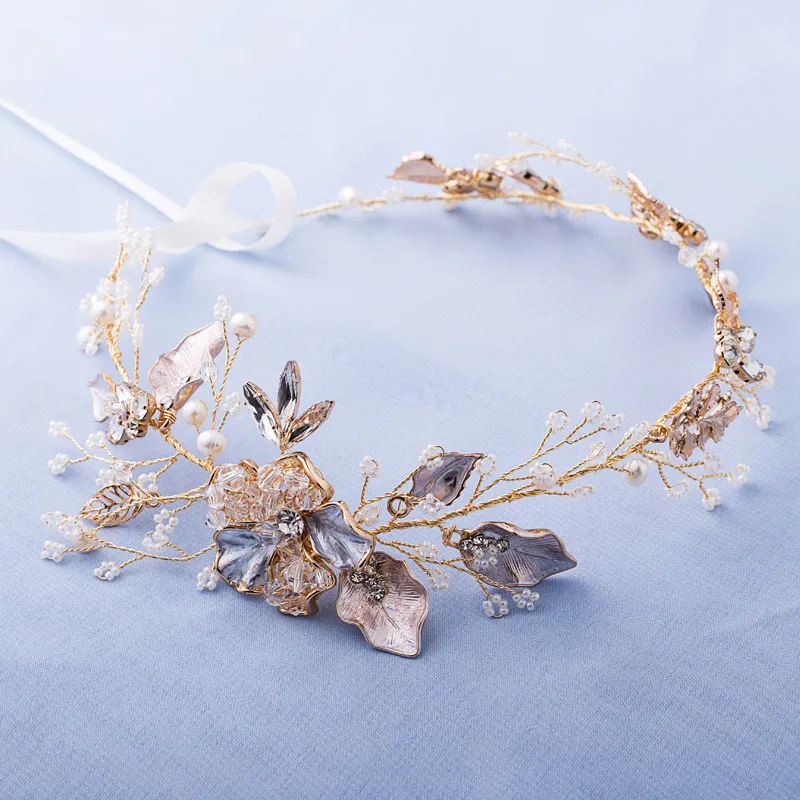 Vendita calda delicato oro perla gioielli fascia tiara accessori per capelli da sposa vite fasce per donne copricapo da sposa floreale fatto a mano