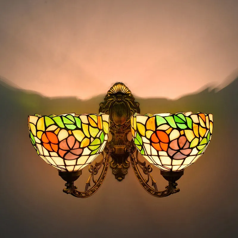 Lampada da parete a doppia testa in stile tiffany retrò soggiorno sala da pranzo corridoio lampada in vetro applique da parete in vetro colorato americano TF039