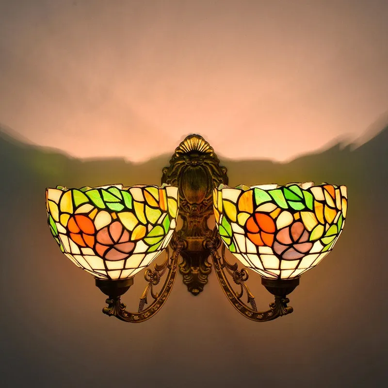 Retro tiffany style double head wall lamp living room dining room corridor glass lamp American stained glass wall lights TF039