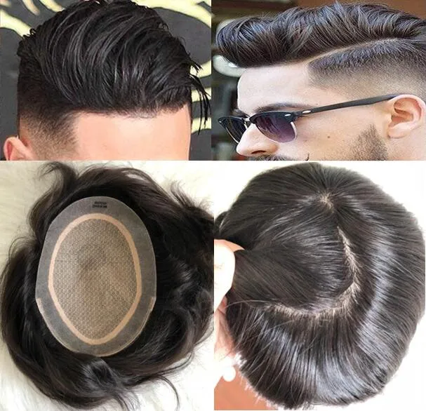 Homens Sistema de Cabelo Peruca Homens Hairpieces Silky Straight Full Silk Base Toupee Black Color # 1B Substituição do Cabelo Humano Virgem Brasileira Para Homens