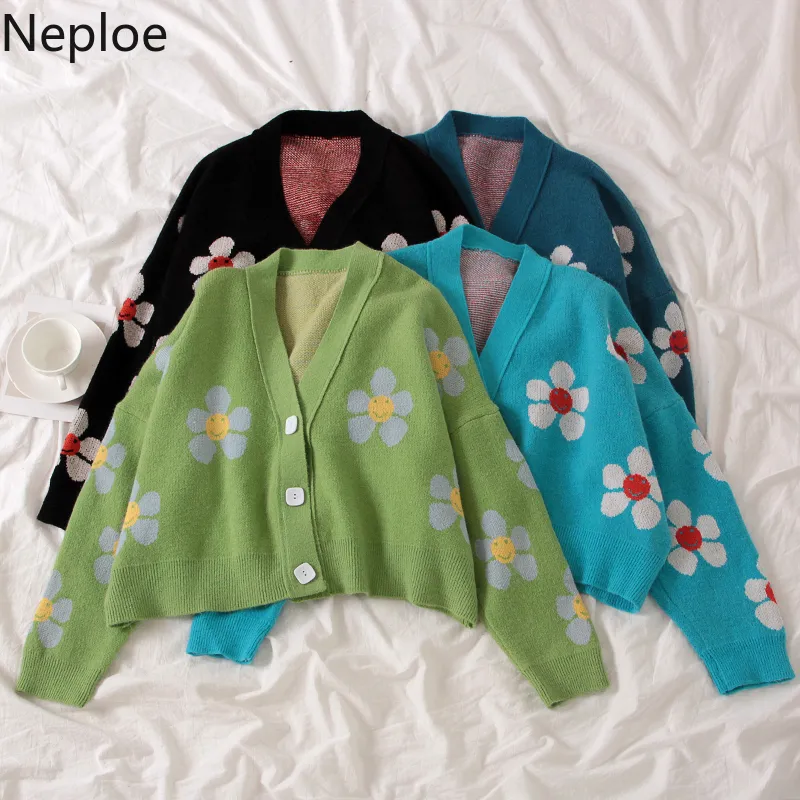 Neploe Preppy Style Flower Knit Cardigans Sweater Women V Neck Loose elegaht Thicked Pull Femme Print Short Casual Coat 46565 T200319