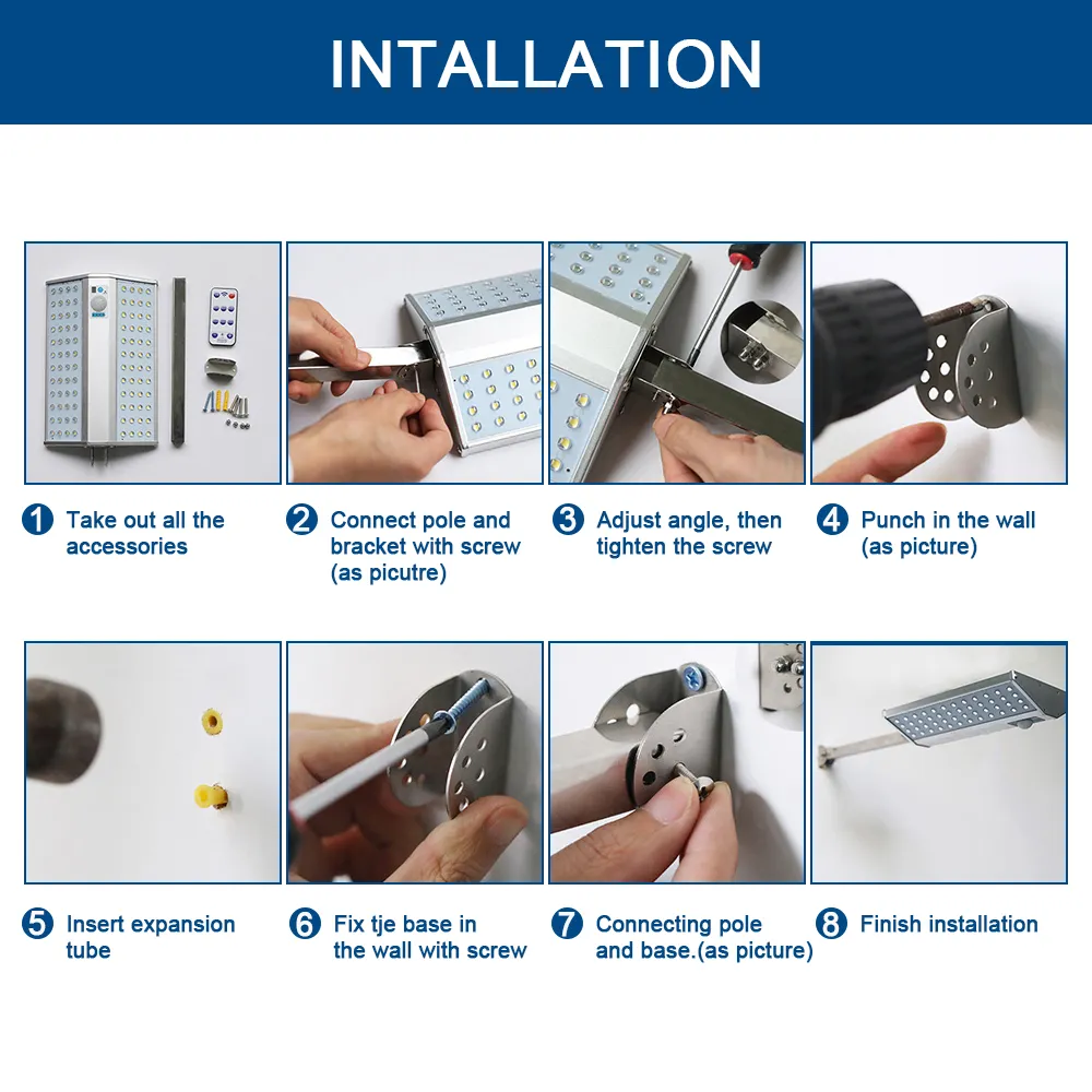 Luci solari da esterno 96 LED Applique da parete in alluminio con palo di montaggio Sensore di movimento con telecomando Illuminazione di sicurezza impermeabile