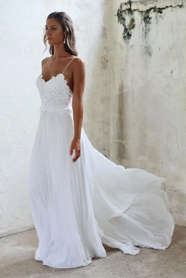 Sexy Spaghetti Straps Beach Wedding Dresses Cheap Long Chiffon Bridal Gowns Backless Lace Appliqued A Line Wedding Gowns