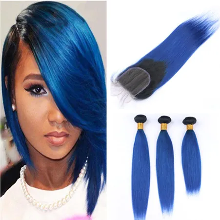 Ombre brasiliane blu scuro capelli umani 3 offerte con chiusura in pizzo dritto # 1B / Ombre blu 4x4 con trame di capelli vergini