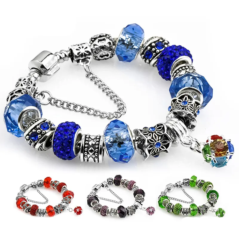 Nieuwe Pandora Charm Armbanden voor Vrouwen Meisjes Vintage Antiek Zilver Roze Blauw Groen Rood Paars Crystal Diamond Designs Beads Sieraden Armbanden