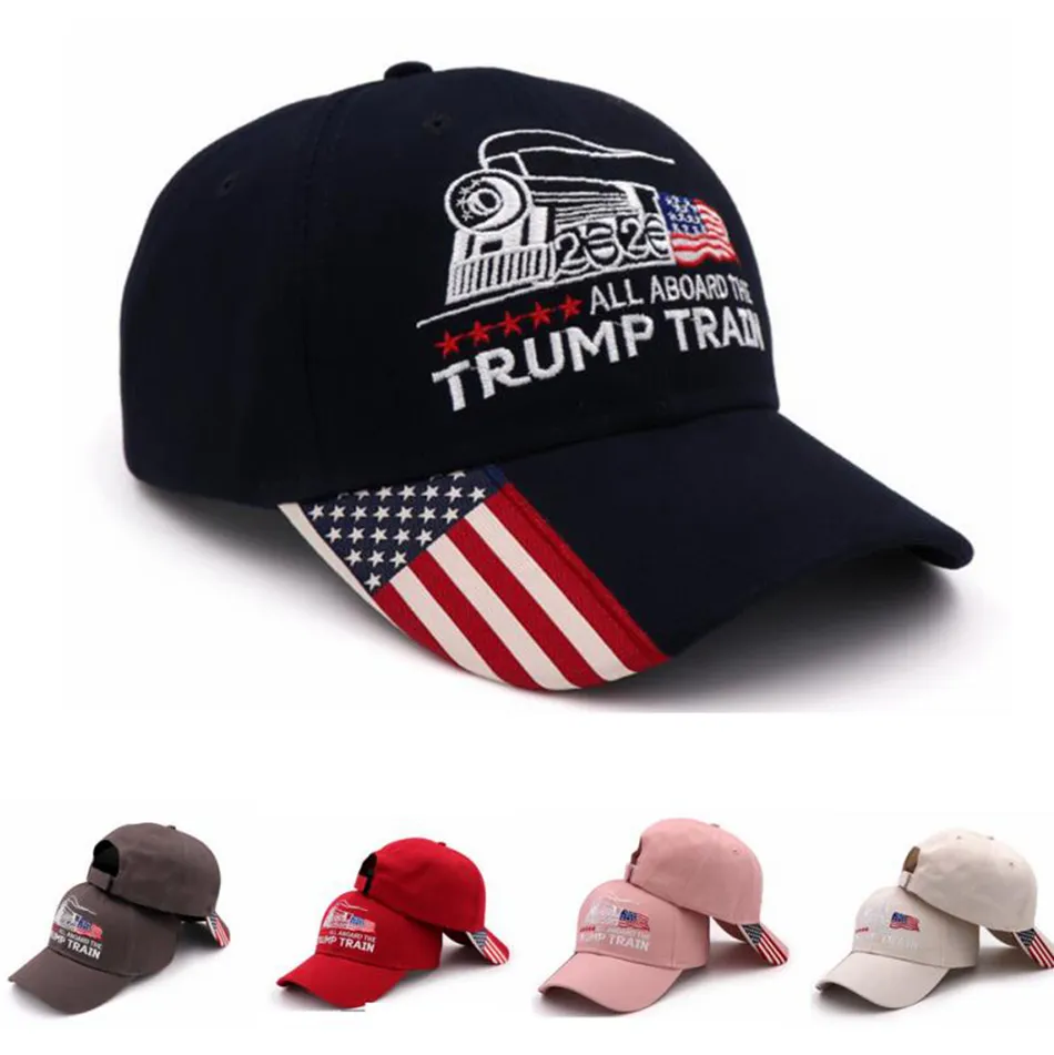 Donald Trump Zug Baseballmütze im Freien Stickerei All an Bord der Trump Zug Hut Sport-Stars Kappe gestreift USA Flag Cap LJJA3379-4