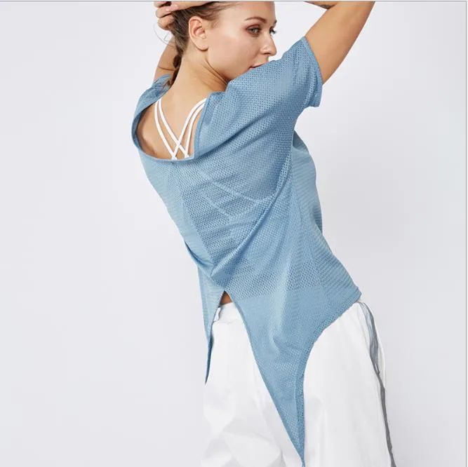 Sportjacka Kvinnor Mesh Strap Short Sleeve Sport Fitness T-shirt Lös fritid Yoga kostym