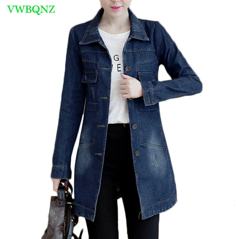 Automne Hiver Coréen Denim Veste Femmes Mince Longue Base Manteau Femmes Effiloché Marine Bleu Plus La Taille Jeans Vestes Manteaux Cool 5XL A364 CJ191206