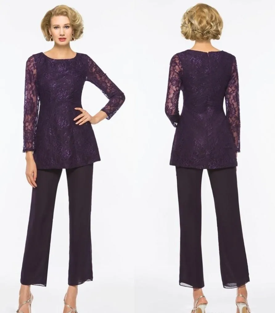 Robes de la mère Purple Mother of the Bride Pant Suits pour les mariages deux pièces en dentelle appliquée mères à manches longues tenue d'usure formelle Hy363