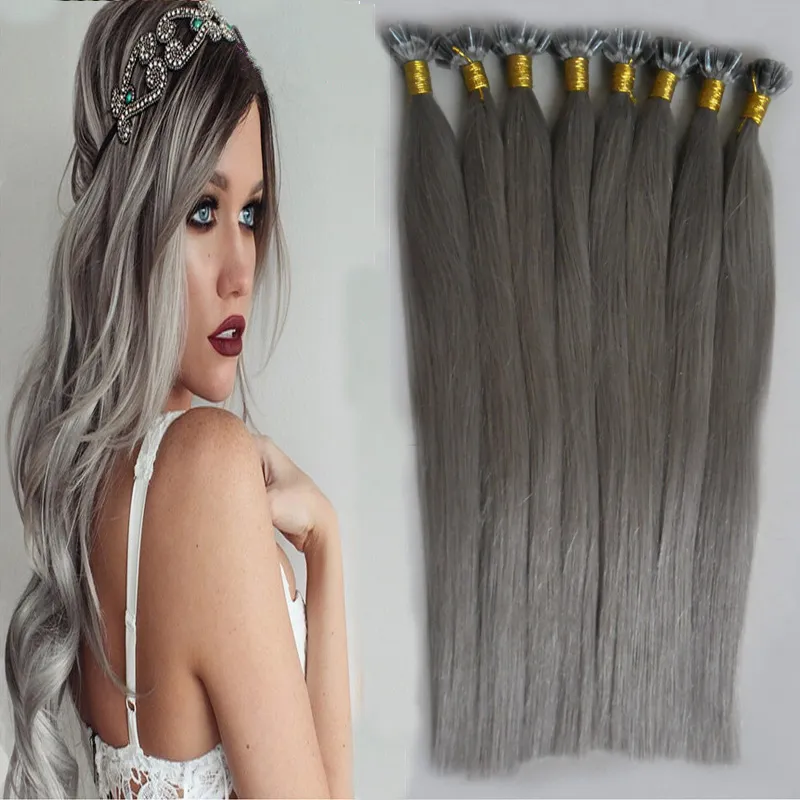 100G U Dica Extensões de Cabelo Humano Remy Pré Cinza Cinza Extensões de Cabelo Cápsula 16 "20" 24 "1g / S Ceratin Stick Dica Extensões de Cabelo