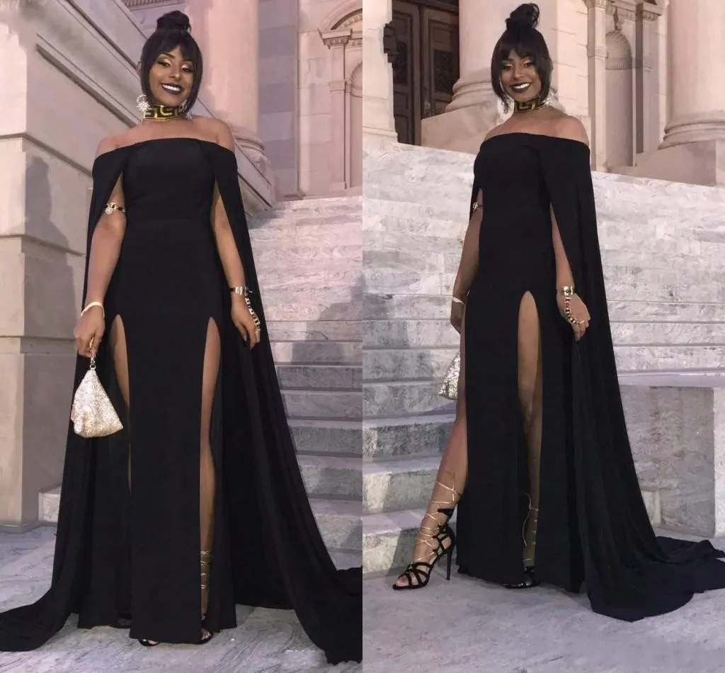 Nieuwe Amazing Black Girl Side Split Avondjurken Sexy Off The Shoulder Capped Sleeve Prom Jurken Schede Lange Rode Tapijt Jurken