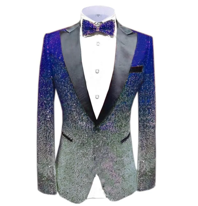 Costume pour hommes, bleu Royal, argent, veste à la mode, Blazer, fête de bal, dîner, smoking, veste de Performance pour scène de mariage, Costume brillant