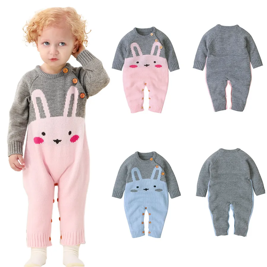 Pasen Rabbit Pasgeboren Rompertjes Cartoon Konijn Knit Baby Jumpsuits Lente Herfst Zuigeling Kinderen Overall Peuter Bunny Bodysuit Kleding M1148