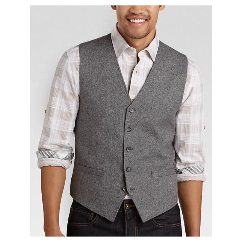 Modest Light grey Wool Groom Vests Tweed Vest British Style Men's Suit Vests Slim Fit Men's Dress Vest Wedding Waistcoat Custom Made 001