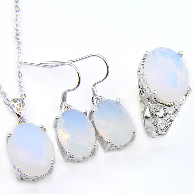 Luckyshine 3 pezzi / set gioielli da sposa collane in argento 925 pietra di luna bianca anello ovale pendenti orecchini set per le donne set di gioielli regalo madre