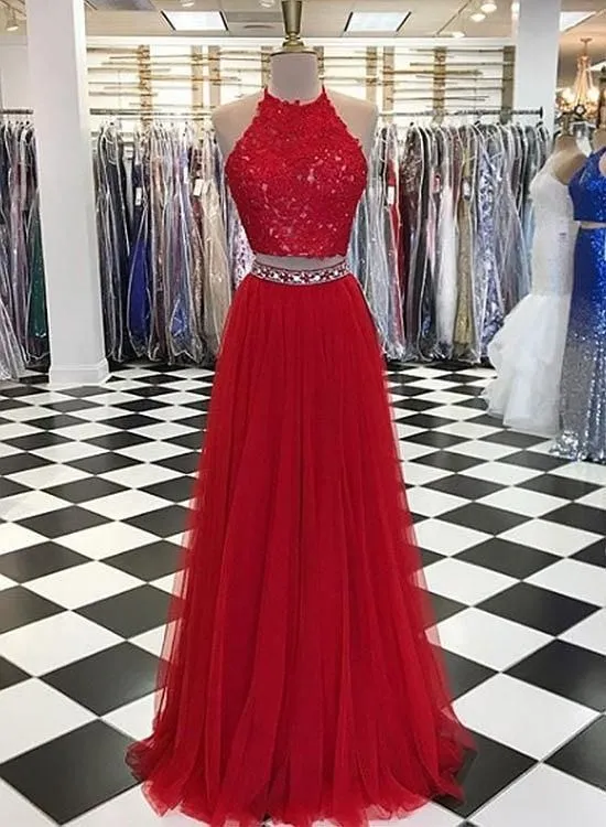 2 Pieces Homecoming Prom Dresses Halter Top Red Lace Tulle Beaded Waist Dresses Evening Wear Formal Long Cocktail Party Floor Length Dress