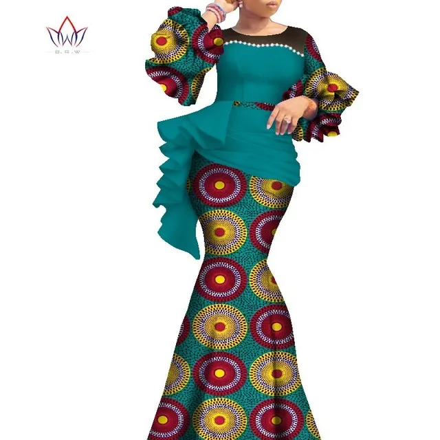 Långa afrikanska klänningar för kvinnor Dashiki Nigeria Traditionell bröllopsklänning Bazin Riche Wax Pearl Dress Lantern Sleeve WY77692937