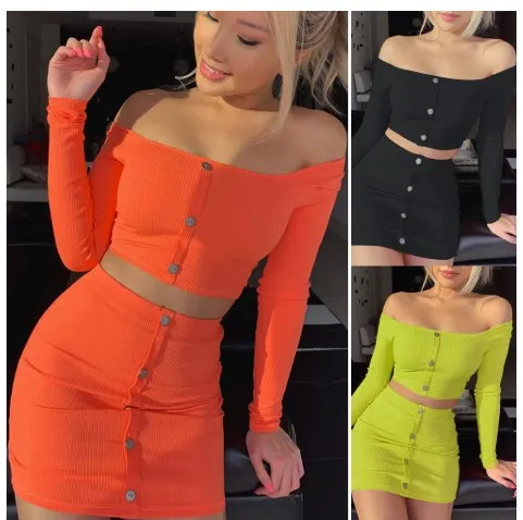 Women Sexy Off Shoulder Long Sleeve Mini Bodycon Dress Suit Outfits Strapless Crop Tops Short Skirt Party Matching Sets