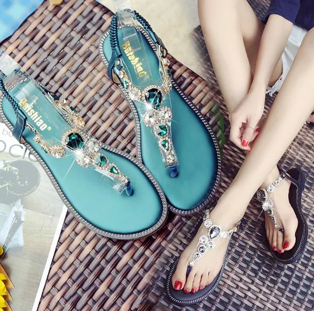 Hot Sale-New Designer Kvinnor Rhinestone Sandaler Strand Sandaler Causal Non-Slip Summer Huaraches Tofflor Flip Flops Slipper Bästa kvalitet