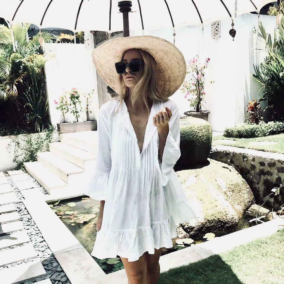 Abiti Estivi Da Donna Sexy Con Maniche A Tre Quarti Con Scollo A V Abiti Da Donna Boho Mini Abito Ampio Da Spiaggia Bianco Solido Da 15 93 DHgate