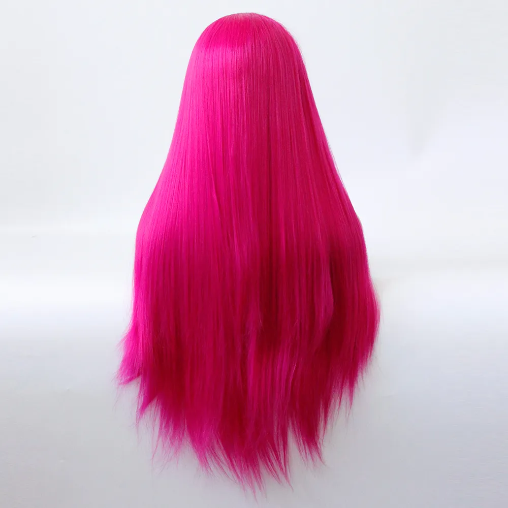 Middle Part Wig Hand Tied Rose Red Color Straight Heat Resistant Hair Cosplay Drag Queen Glueless Synthetic Lace Front Wigs (2)