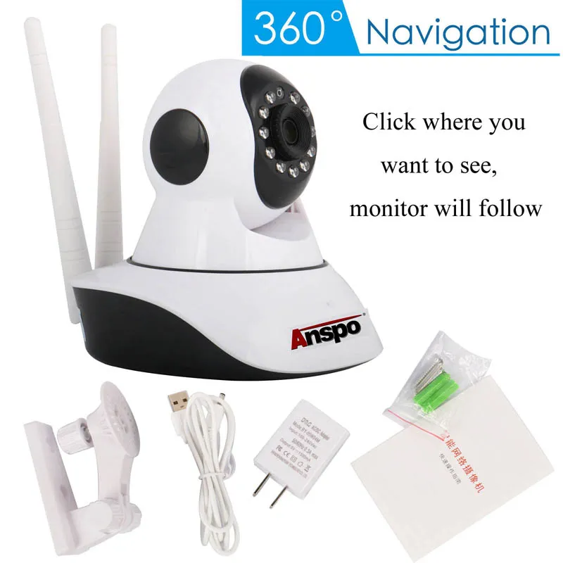 Anspo Wireless 720P Pan Tilt Network Home CCTV Telecamera IP Sorveglianza di rete IR Night Vision WiFi Webcam Indoor Baby Monitor 72100-720p
